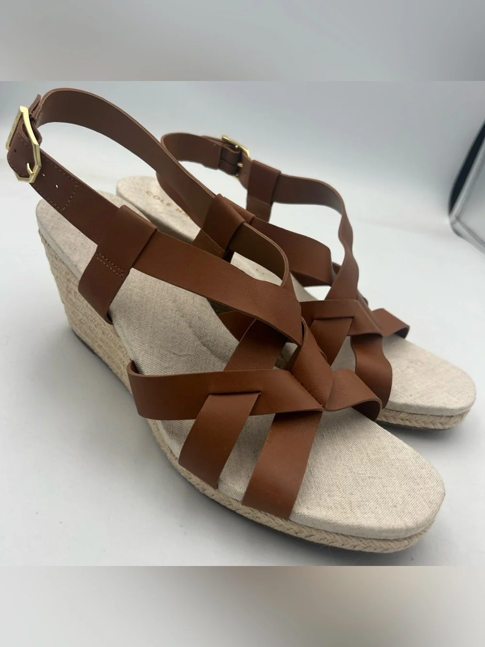 COLE HAAN Crystal Brown Espadrille Strappy Wedge Sandals Women’s Size 9 New